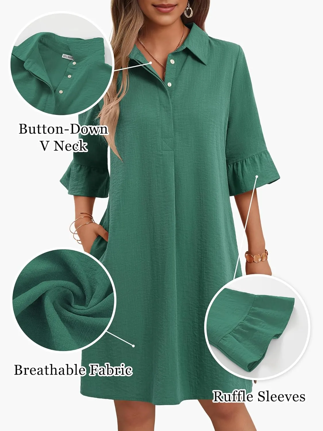 HUHOT Womens Casual Shirt Dress Business Work Ruffle Sleeve Button Down Solid Color Summer Dress with Pockets