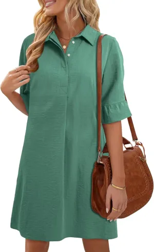 HUHOT Womens Casual Shirt Dress Business Work Ruffle Sleeve Button Down Solid Color Summer Dress with Pockets