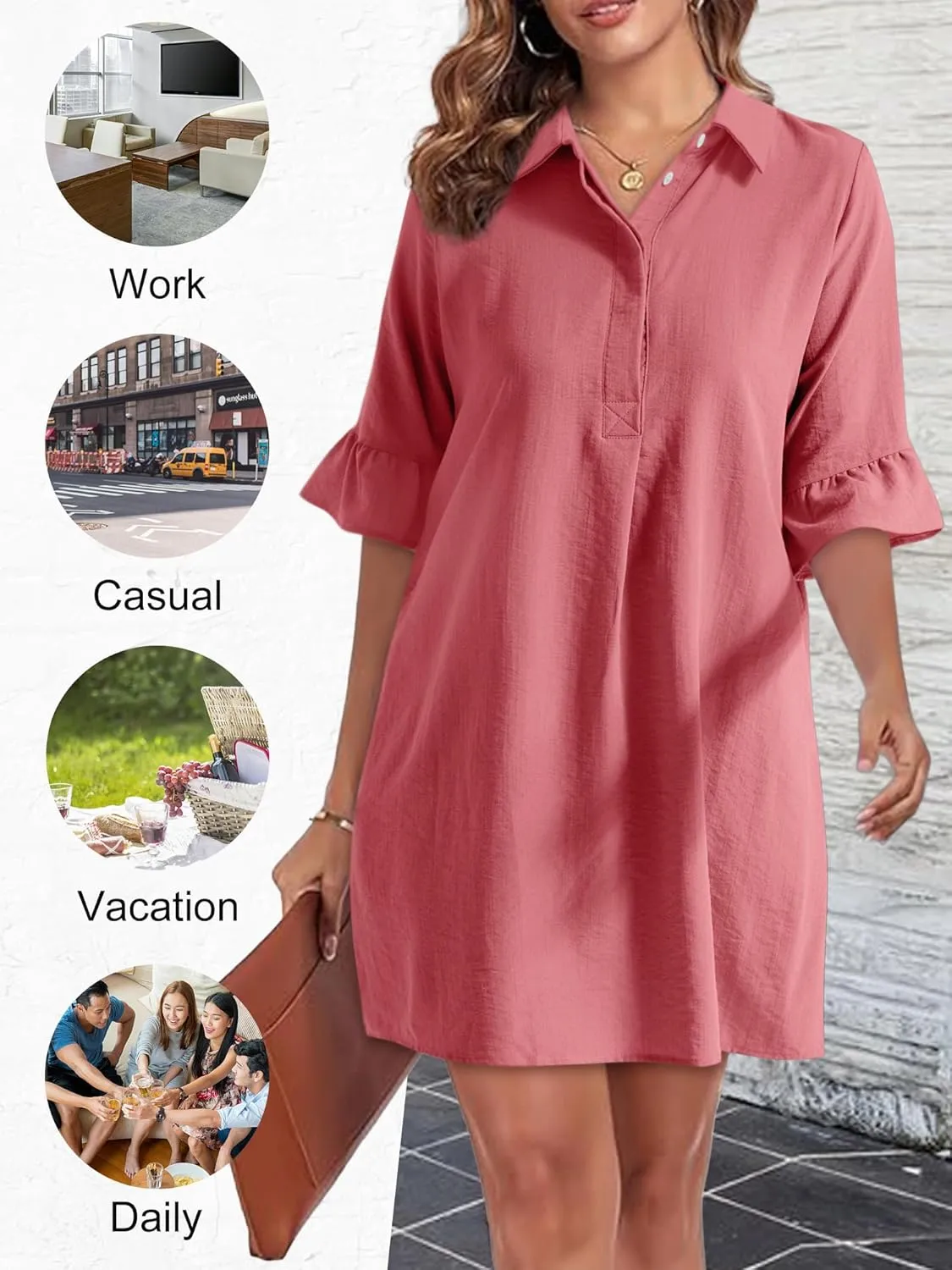 HUHOT Womens Casual Shirt Dress Business Work Ruffle Sleeve Button Down Solid Color Summer Dress with Pockets