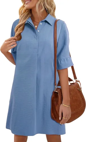HUHOT Womens Casual Shirt Dress Business Work Ruffle Sleeve Button Down Solid Color Summer Dress with Pockets