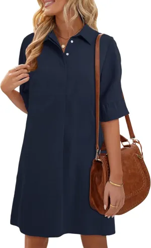 HUHOT Womens Casual Shirt Dress Business Work Ruffle Sleeve Button Down Solid Color Summer Dress with Pockets