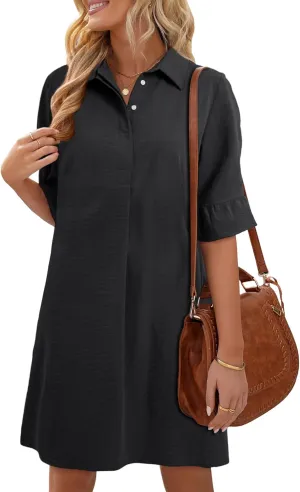 HUHOT Womens Casual Shirt Dress Business Work Ruffle Sleeve Button Down Solid Color Summer Dress with Pockets