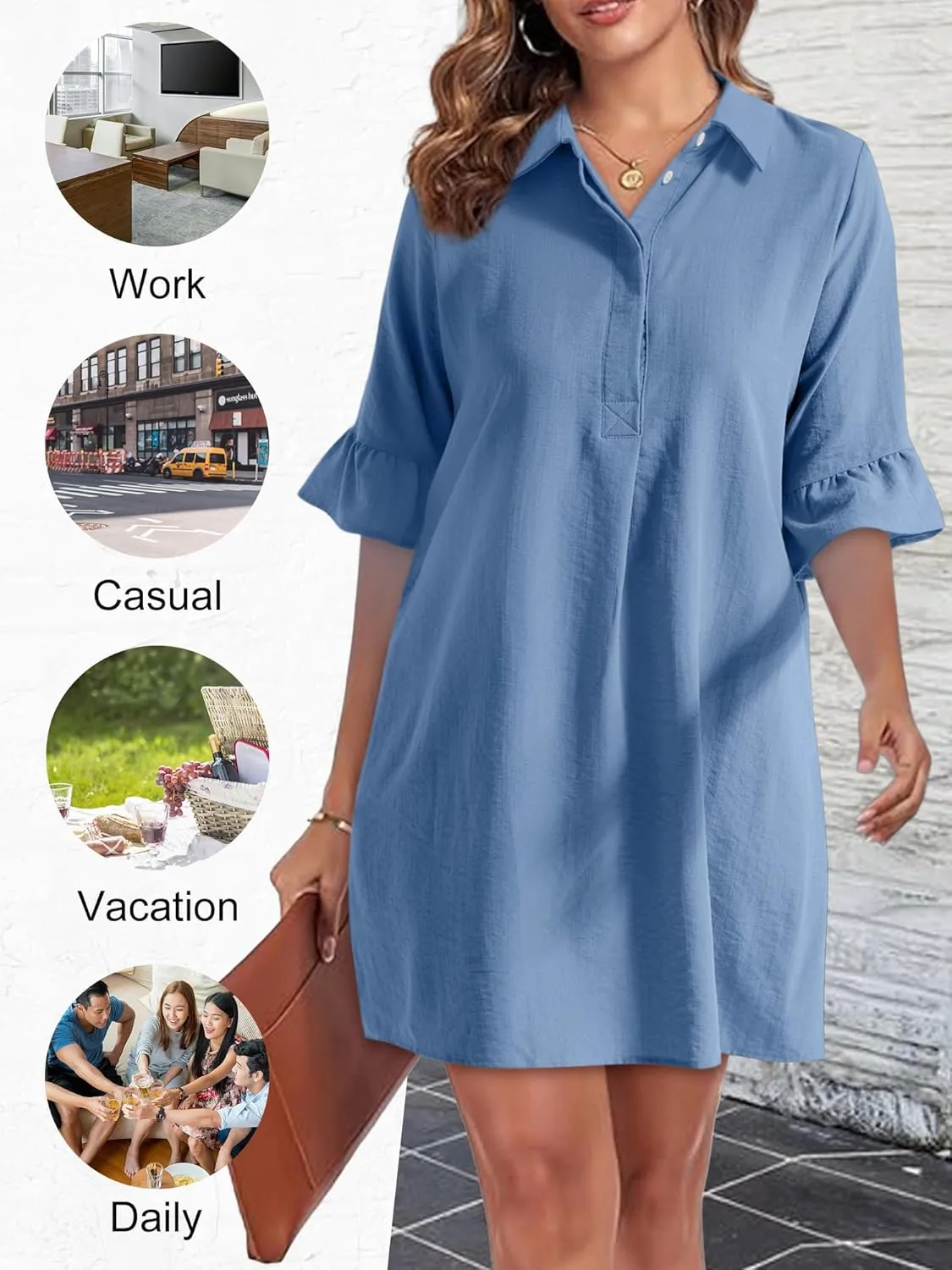 HUHOT Womens Casual Shirt Dress Business Work Ruffle Sleeve Button Down Solid Color Summer Dress with Pockets