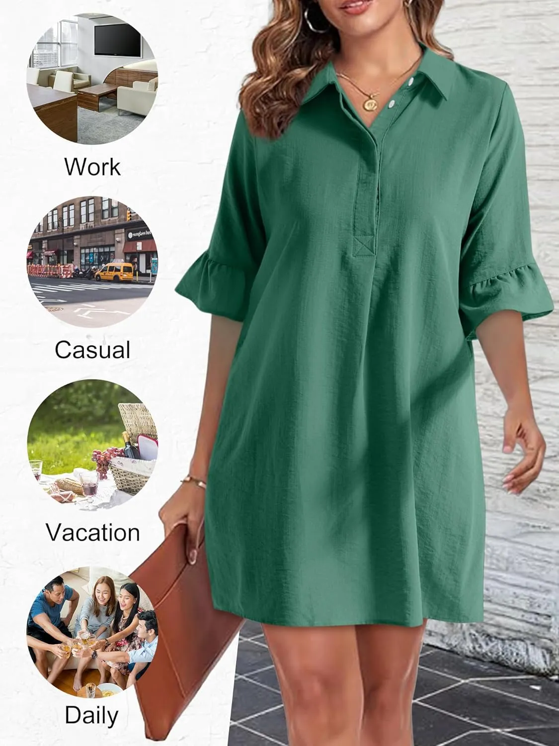 HUHOT Womens Casual Shirt Dress Business Work Ruffle Sleeve Button Down Solid Color Summer Dress with Pockets