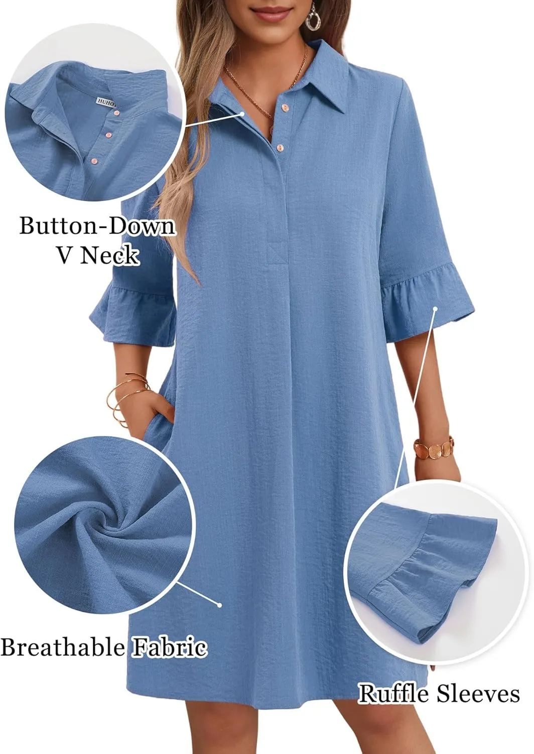 HUHOT Womens Casual Shirt Dress Business Work Ruffle Sleeve Button Down Solid Color Summer Dress with Pockets