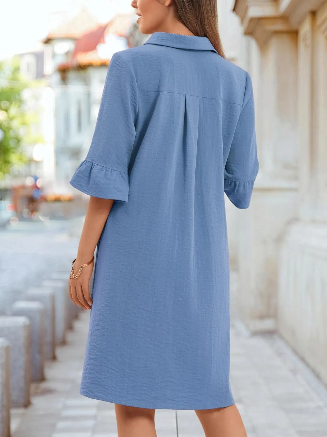 HUHOT Womens Casual Shirt Dress Business Work Ruffle Sleeve Button Down Solid Color Summer Dress with Pockets