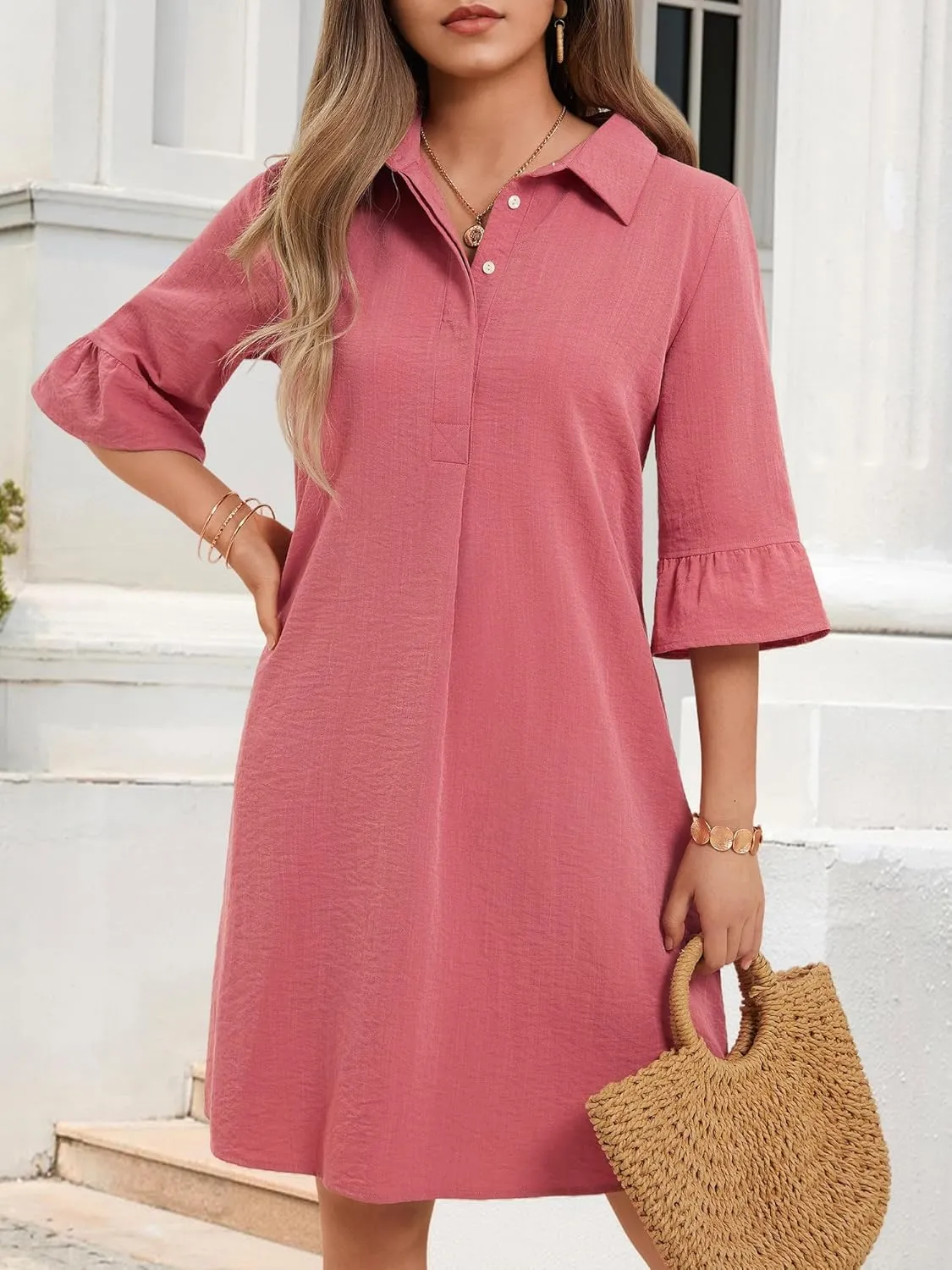 HUHOT Womens Casual Shirt Dress Business Work Ruffle Sleeve Button Down Solid Color Summer Dress with Pockets