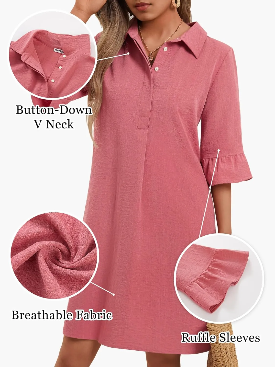 HUHOT Womens Casual Shirt Dress Business Work Ruffle Sleeve Button Down Solid Color Summer Dress with Pockets