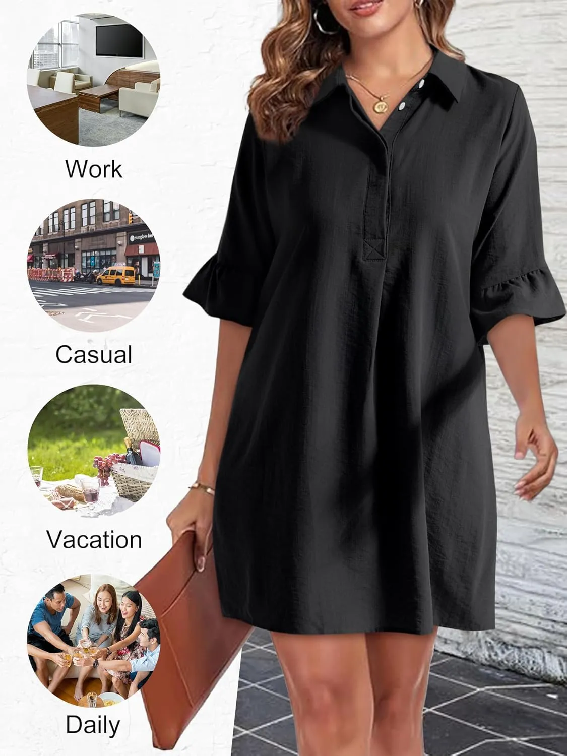 HUHOT Womens Casual Shirt Dress Business Work Ruffle Sleeve Button Down Solid Color Summer Dress with Pockets