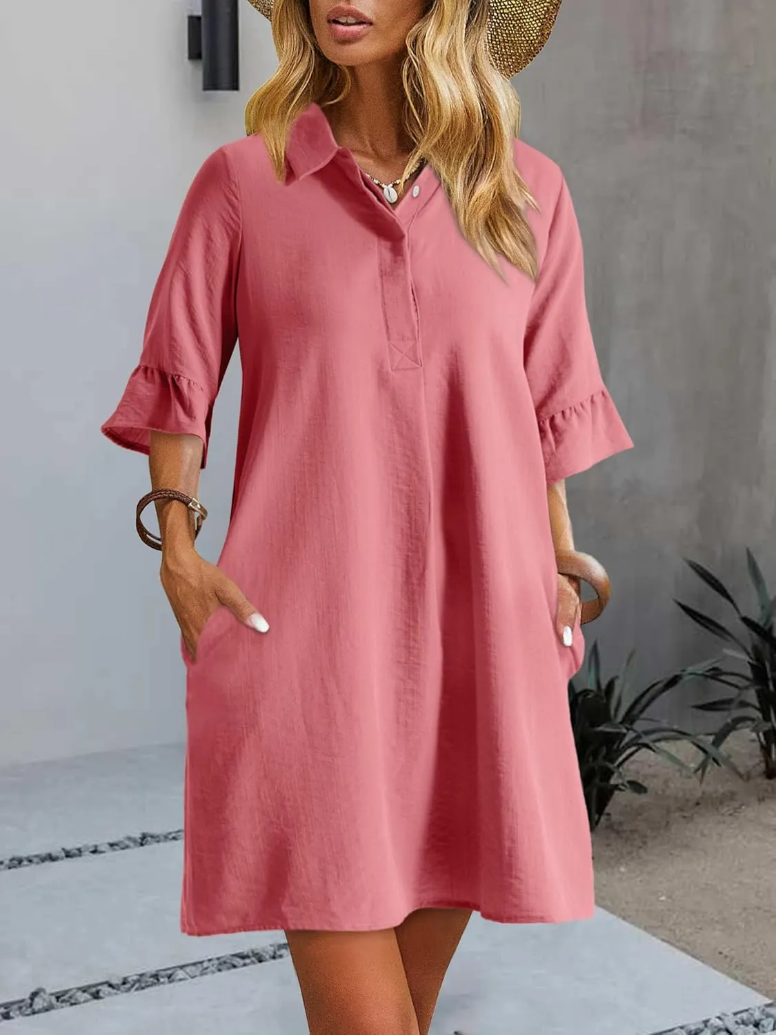HUHOT Womens Casual Shirt Dress Business Work Ruffle Sleeve Button Down Solid Color Summer Dress with Pockets