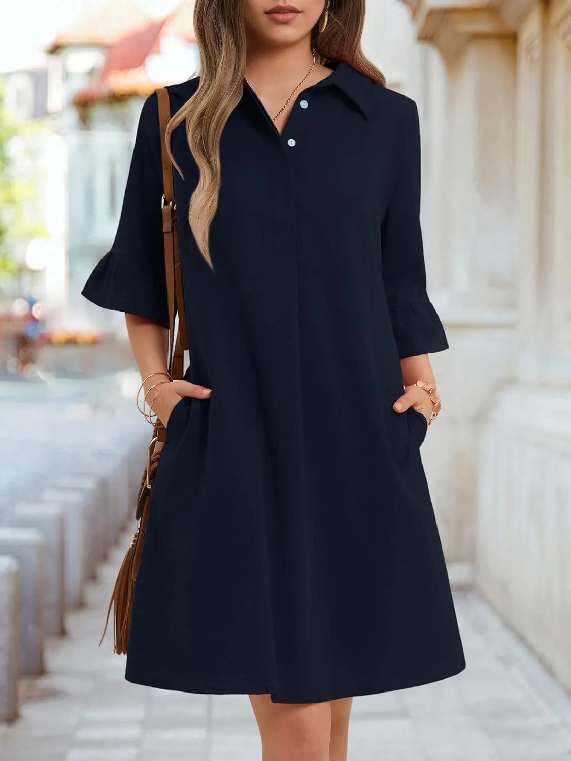 HUHOT Womens Casual Shirt Dress Business Work Ruffle Sleeve Button Down Solid Color Summer Dress with Pockets