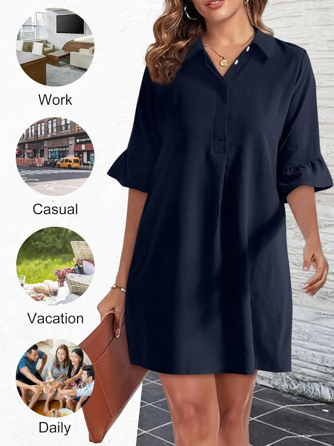 HUHOT Womens Casual Shirt Dress Business Work Ruffle Sleeve Button Down Solid Color Summer Dress with Pockets
