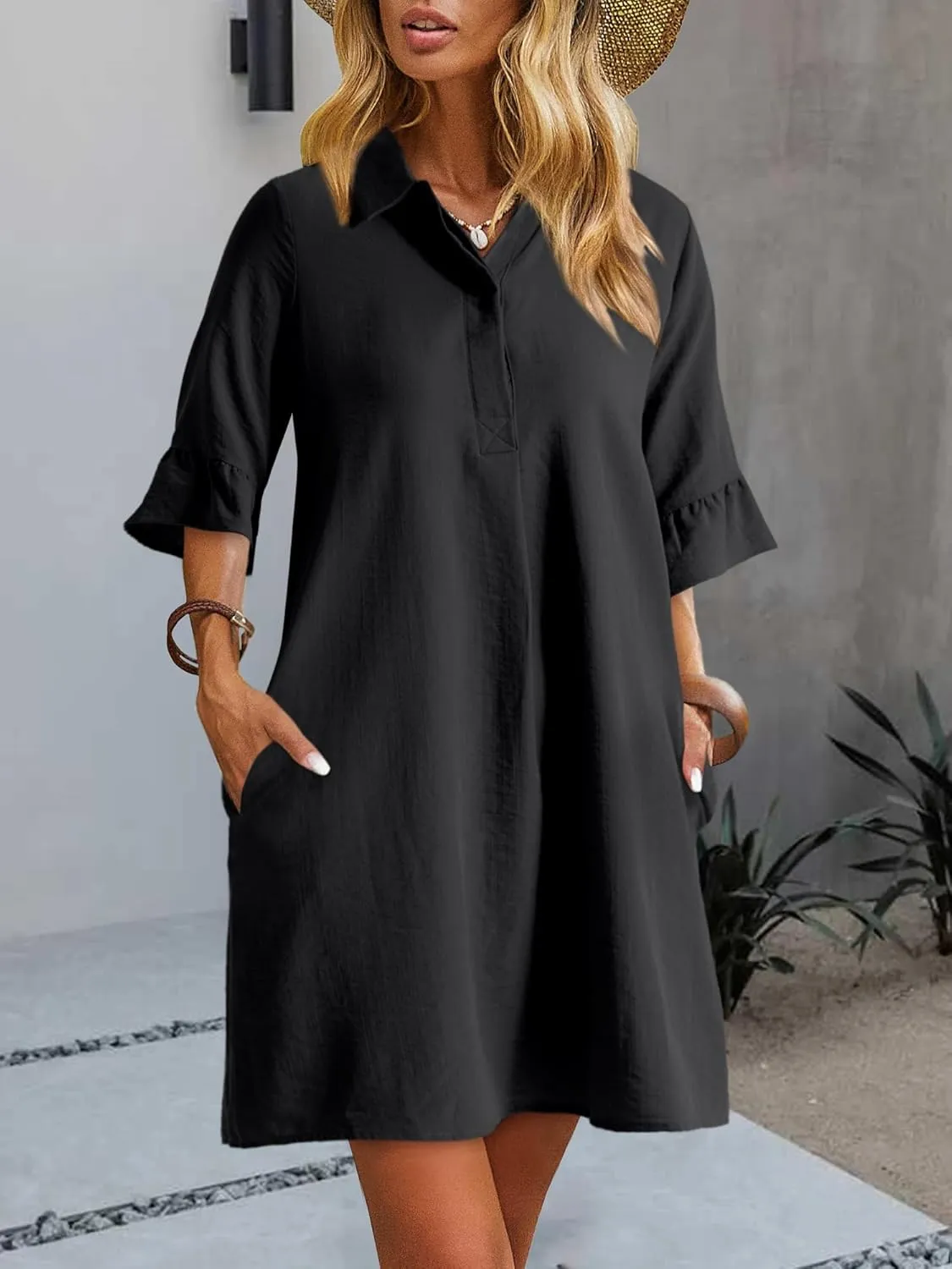 HUHOT Womens Casual Shirt Dress Business Work Ruffle Sleeve Button Down Solid Color Summer Dress with Pockets