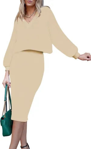 HUUSA Women 2 Piece Sweater Midi Pencil Skirt Set Fall Winter Split Dress Batwing Long Sleeve Oversized Top Casual Outfit