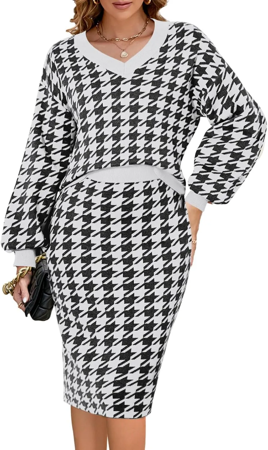 HUUSA Women 2 Piece Sweater Midi Pencil Skirt Set Fall Winter Split Dress Batwing Long Sleeve Oversized Top Casual Outfit