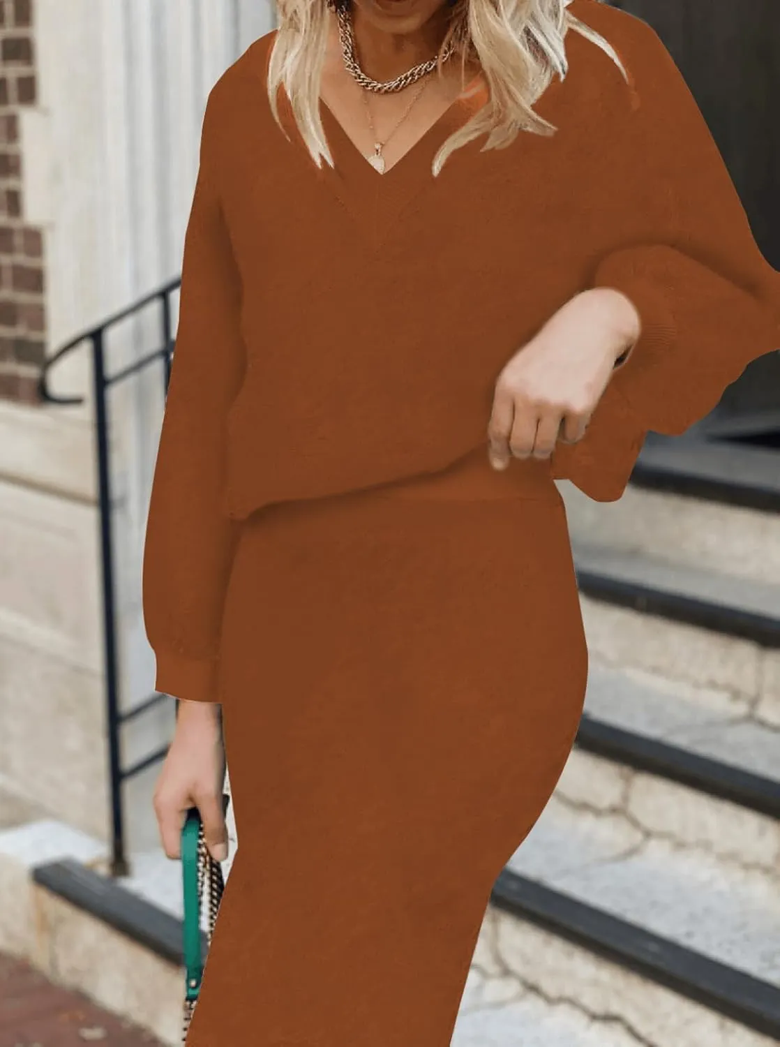 HUUSA Women 2 Piece Sweater Midi Pencil Skirt Set Fall Winter Split Dress Batwing Long Sleeve Oversized Top Casual Outfit