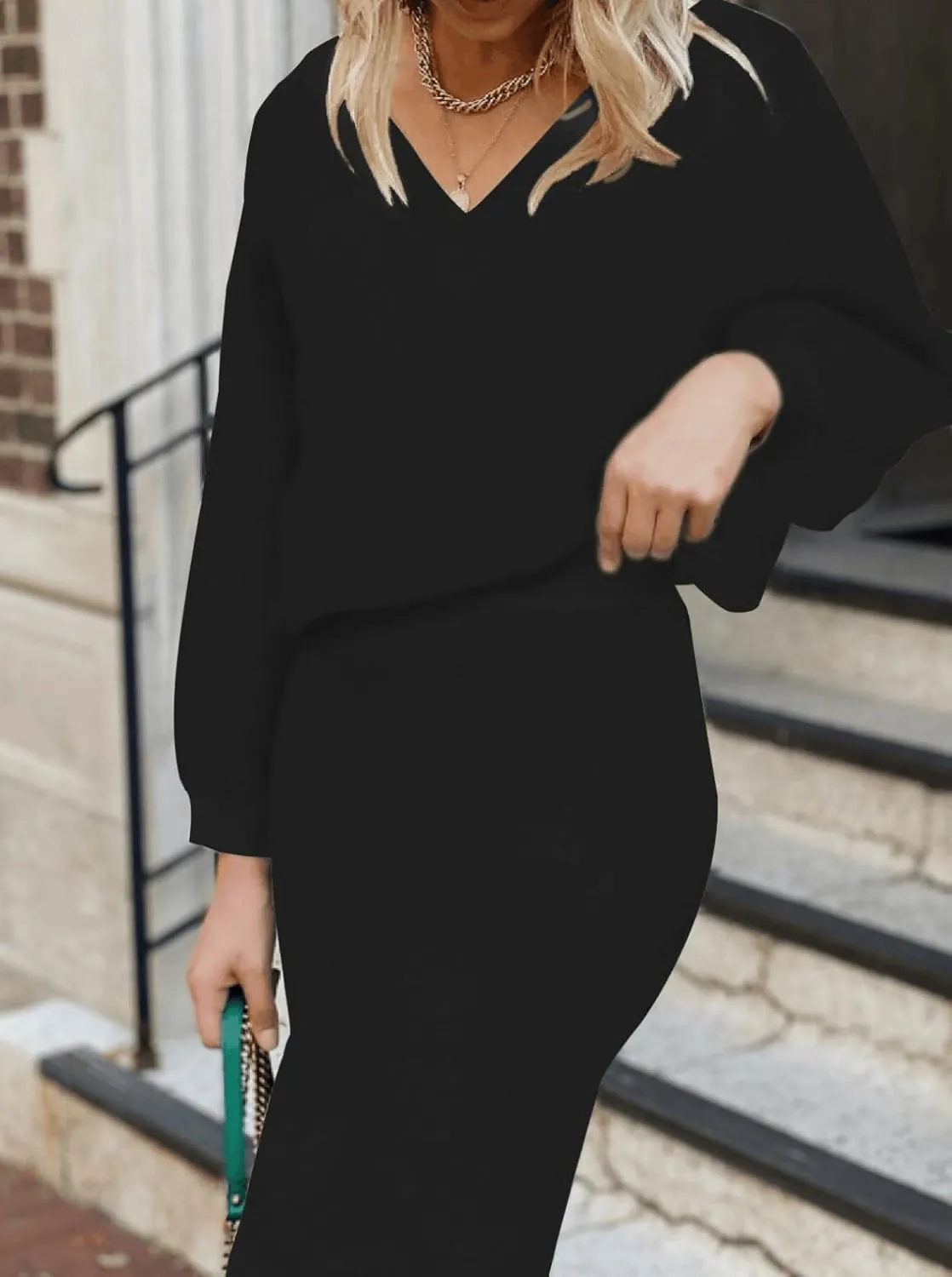 HUUSA Women 2 Piece Sweater Midi Pencil Skirt Set Fall Winter Split Dress Batwing Long Sleeve Oversized Top Casual Outfit