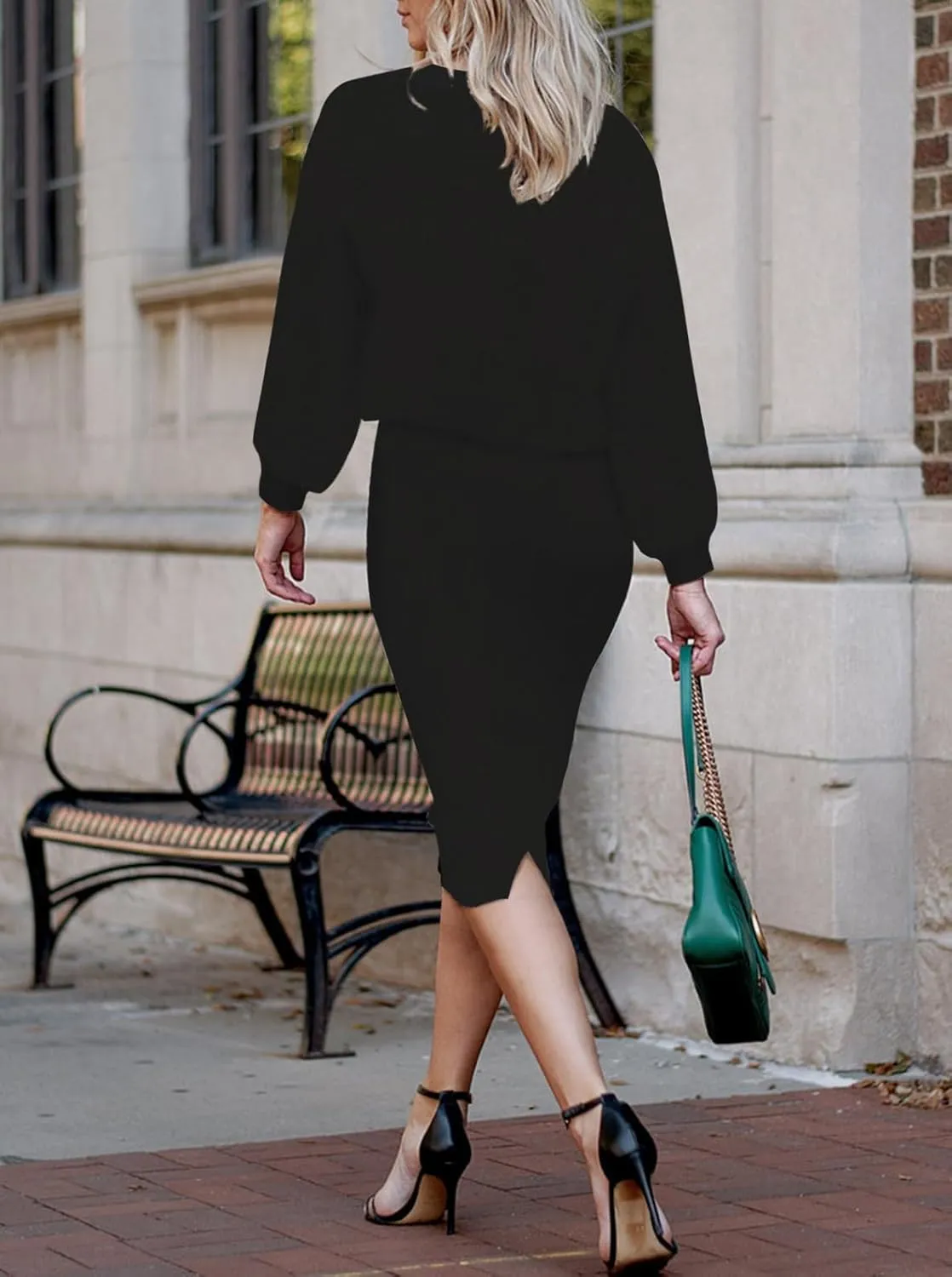 HUUSA Women 2 Piece Sweater Midi Pencil Skirt Set Fall Winter Split Dress Batwing Long Sleeve Oversized Top Casual Outfit