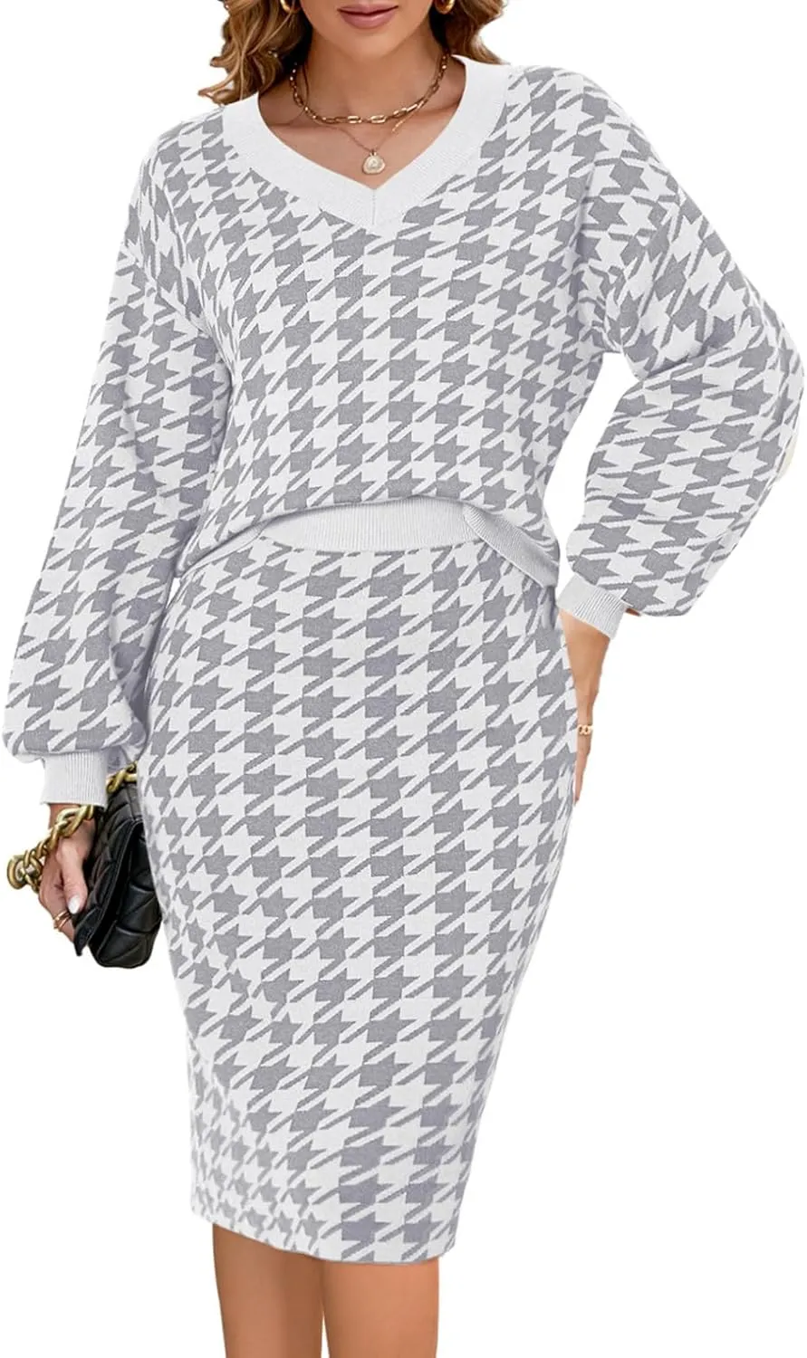 HUUSA Women 2 Piece Sweater Midi Pencil Skirt Set Fall Winter Split Dress Batwing Long Sleeve Oversized Top Casual Outfit
