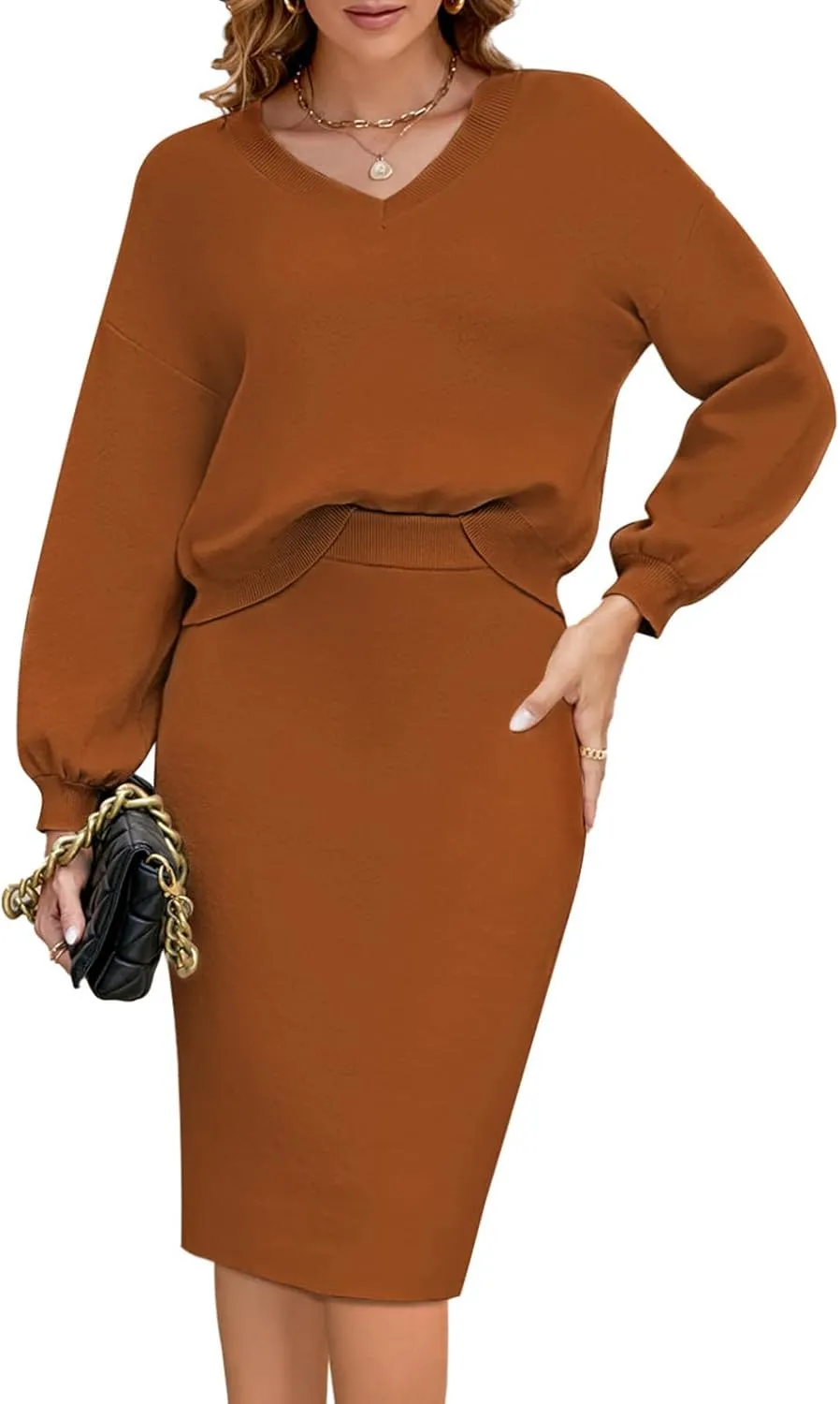 HUUSA Women 2 Piece Sweater Midi Pencil Skirt Set Fall Winter Split Dress Batwing Long Sleeve Oversized Top Casual Outfit
