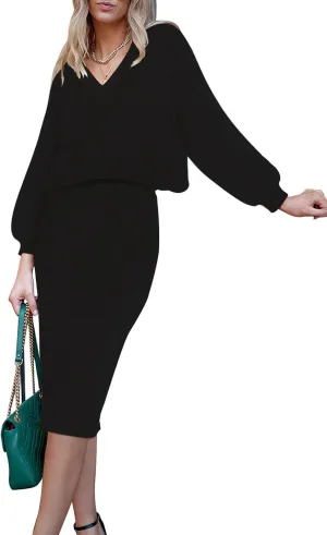HUUSA Women 2 Piece Sweater Midi Pencil Skirt Set Fall Winter Split Dress Batwing Long Sleeve Oversized Top Casual Outfit