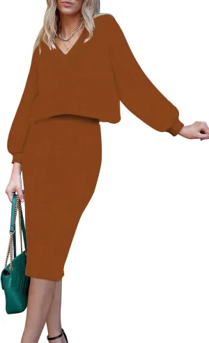HUUSA Women 2 Piece Sweater Midi Pencil Skirt Set Fall Winter Split Dress Batwing Long Sleeve Oversized Top Casual Outfit