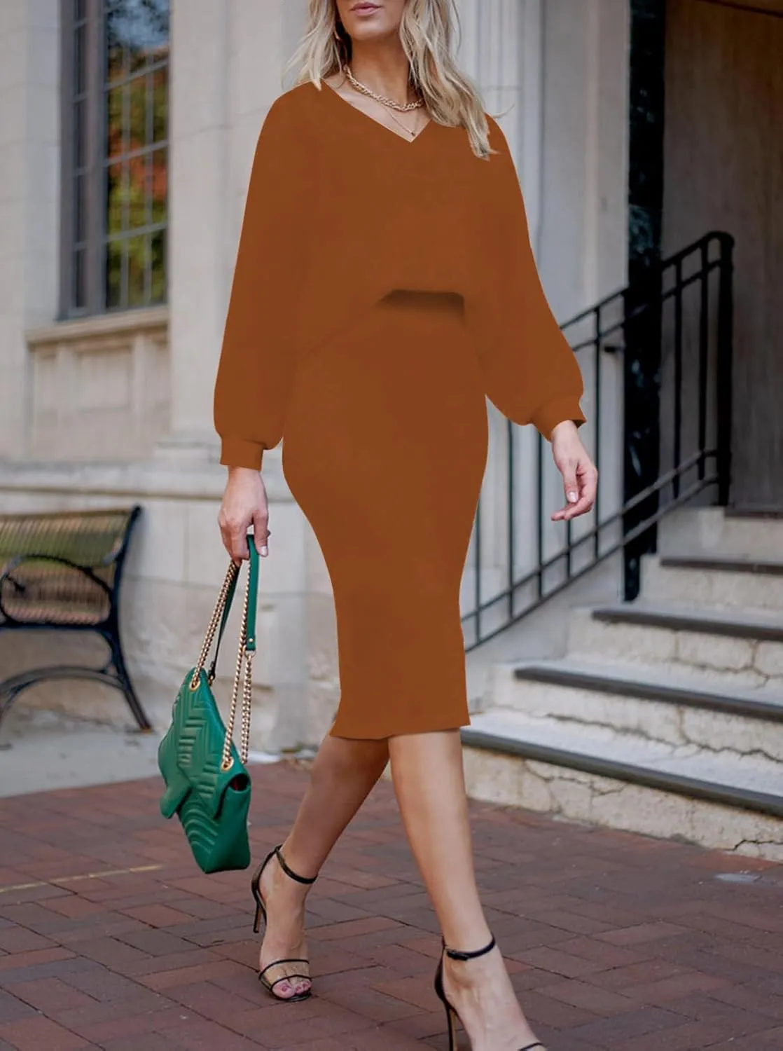 HUUSA Women 2 Piece Sweater Midi Pencil Skirt Set Fall Winter Split Dress Batwing Long Sleeve Oversized Top Casual Outfit