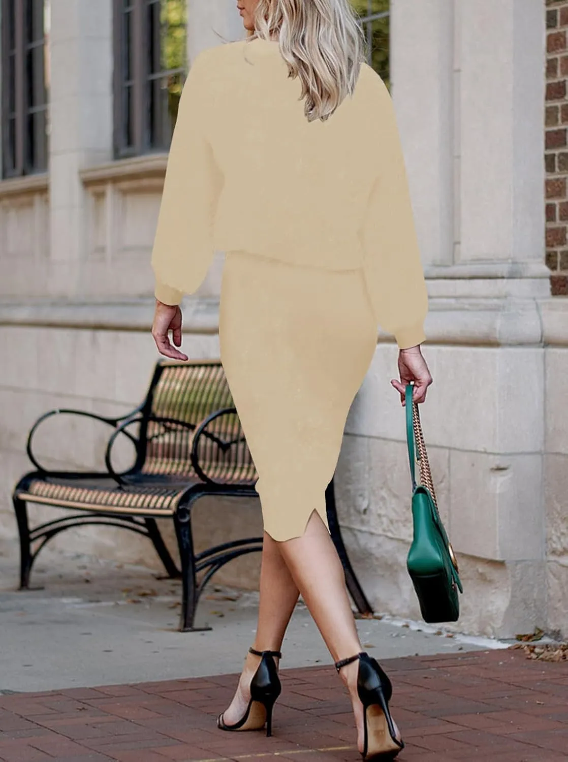 HUUSA Women 2 Piece Sweater Midi Pencil Skirt Set Fall Winter Split Dress Batwing Long Sleeve Oversized Top Casual Outfit