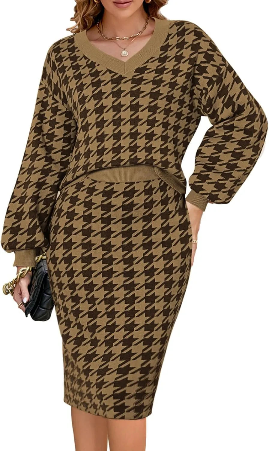 HUUSA Women 2 Piece Sweater Midi Pencil Skirt Set Fall Winter Split Dress Batwing Long Sleeve Oversized Top Casual Outfit