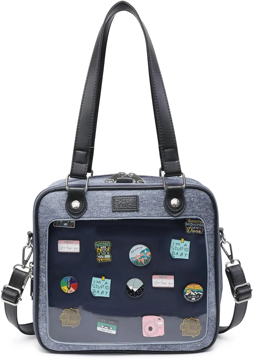 Imitation Denim PU Ita Bag Backpack Crossbody Bag Satchel Messenger Shoulder Bag for Pins Display