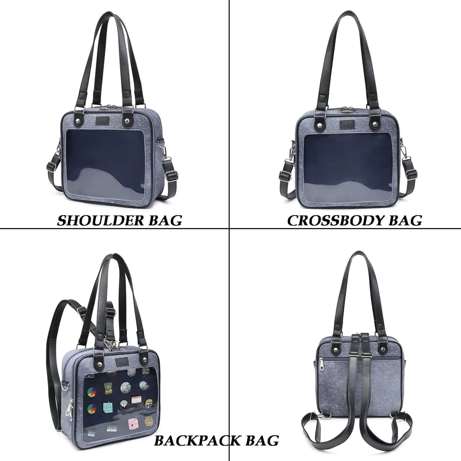 Imitation Denim PU Ita Bag Backpack Crossbody Bag Satchel Messenger Shoulder Bag for Pins Display