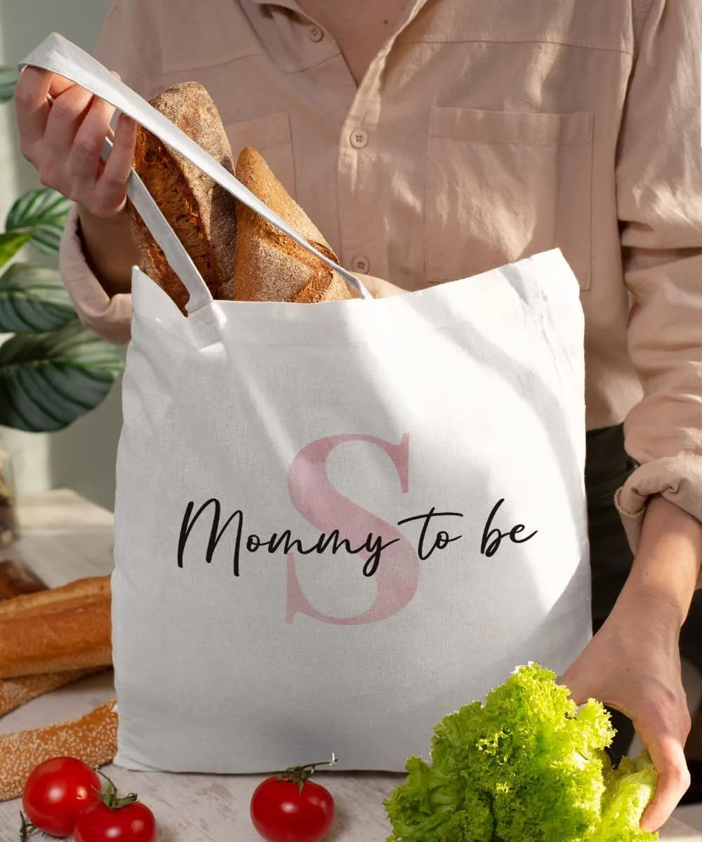 Initial Mommy to Be Gifts Pink Canvas Tote Bag for Women, New Mom Gifts, Mommy to be Gift Tote Bag, Alphabet Tote Bag
