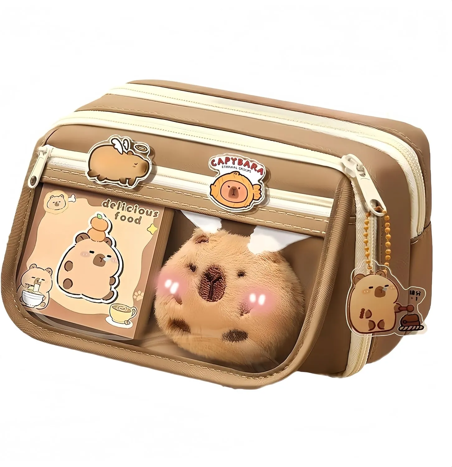 Kawaii Capybara Makeup Bag Kit, Plush Doll 20 Stickers 2 Brooches Sticky Notes Pendant, 9-Layer Large-Capacity Pencil Case (Brown)