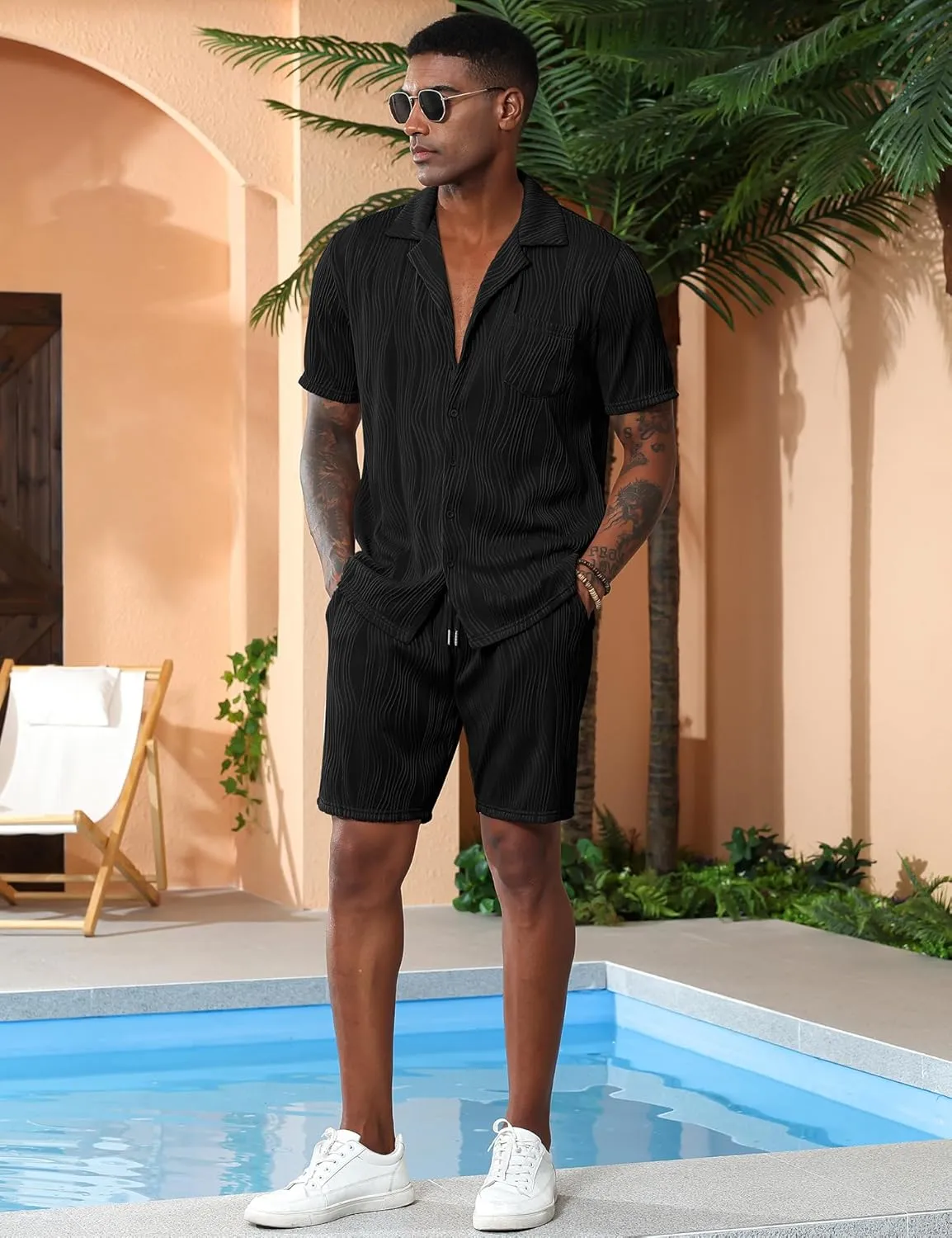 LecGee Men's Short Sleeve 2 Pieces Wavy Pleated Button Down Shirt & Shorts set Summer Tracksuit Hippie Casual Beach
