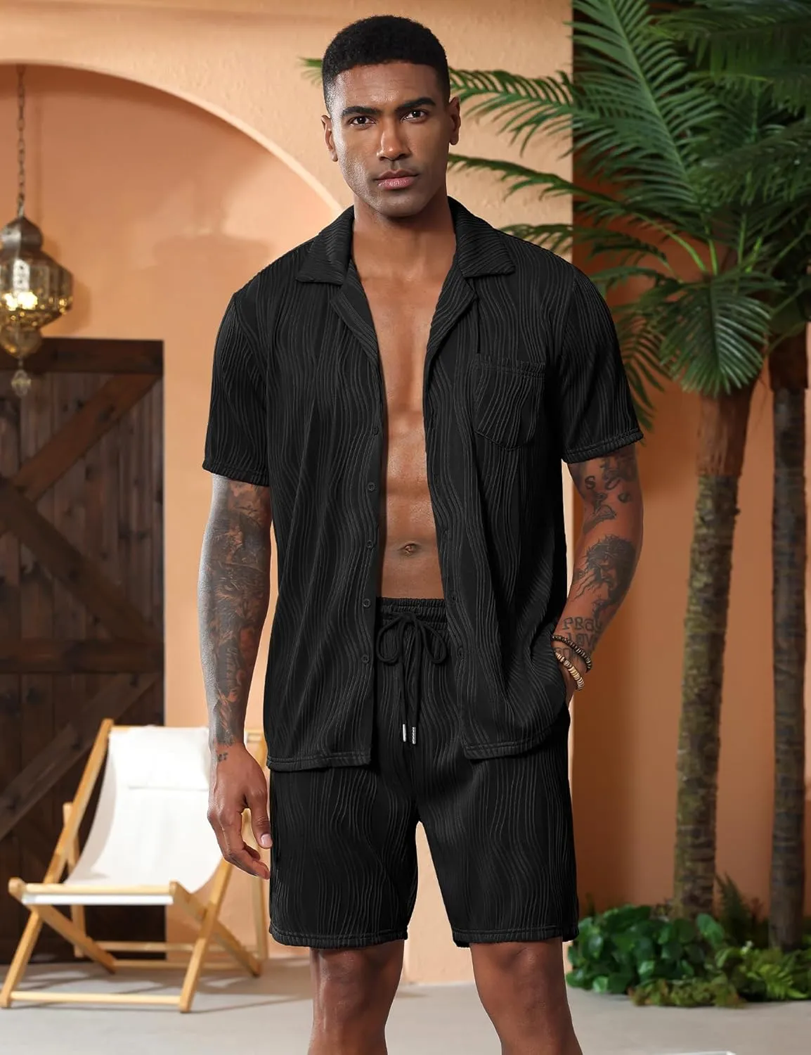 LecGee Men's Short Sleeve 2 Pieces Wavy Pleated Button Down Shirt & Shorts set Summer Tracksuit Hippie Casual Beach