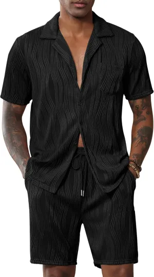 LecGee Men's Short Sleeve 2 Pieces Wavy Pleated Button Down Shirt & Shorts set Summer Tracksuit Hippie Casual Beach