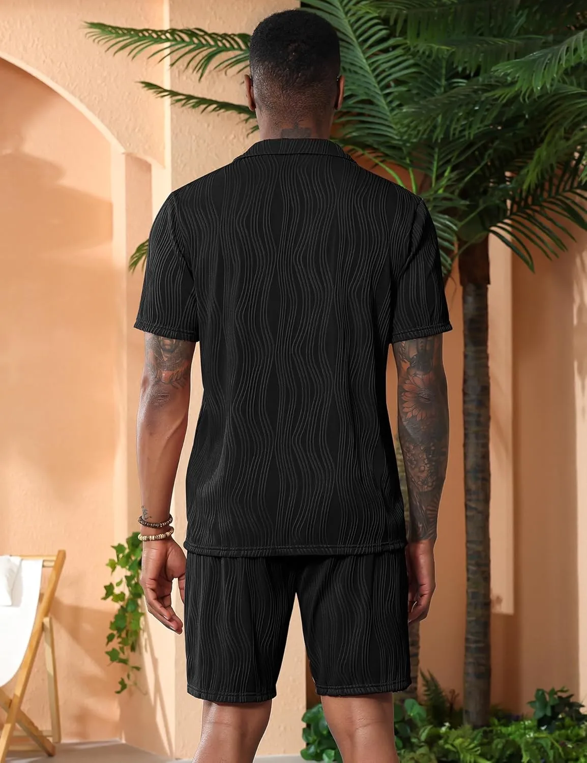 LecGee Men's Short Sleeve 2 Pieces Wavy Pleated Button Down Shirt & Shorts set Summer Tracksuit Hippie Casual Beach