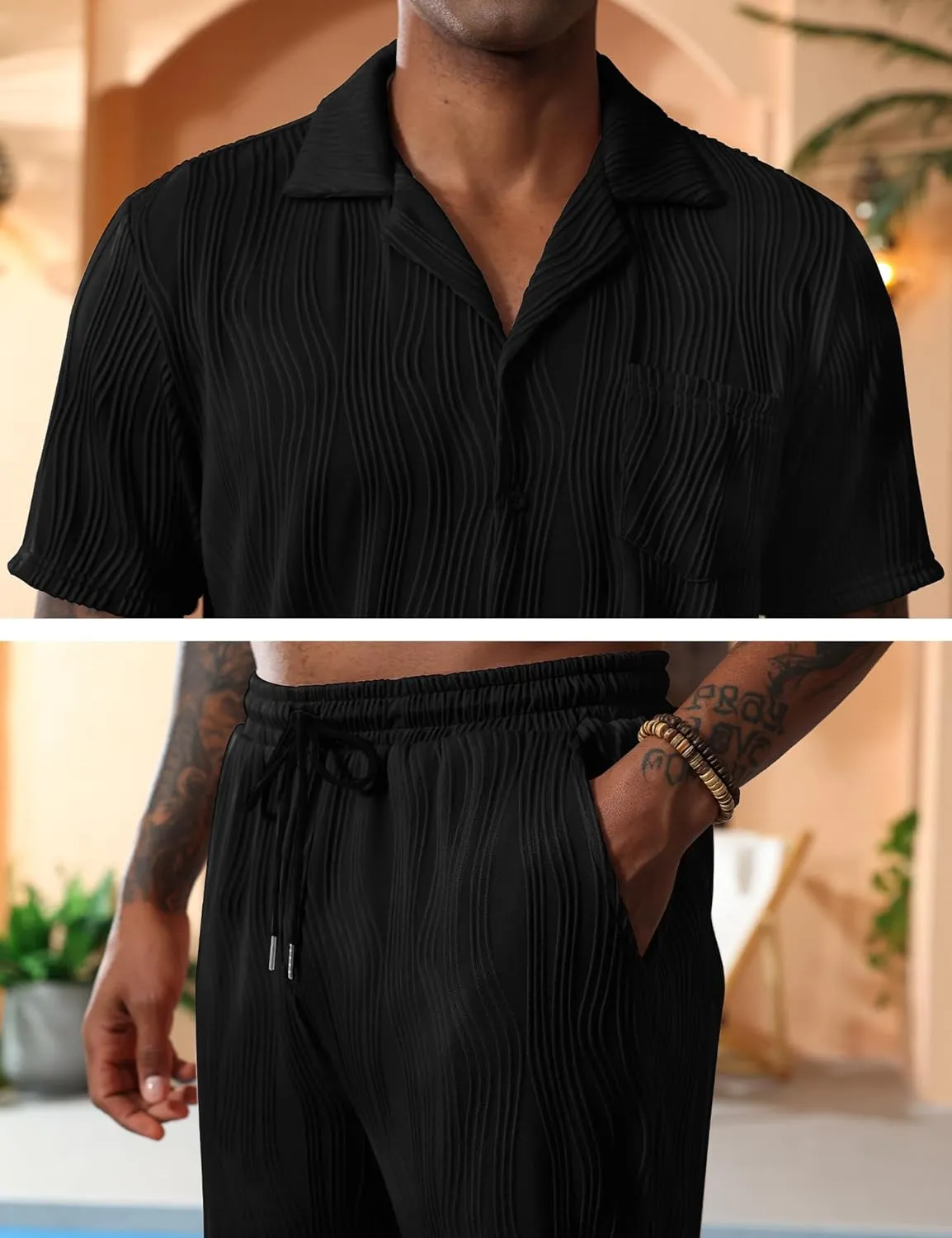 LecGee Men's Short Sleeve 2 Pieces Wavy Pleated Button Down Shirt & Shorts set Summer Tracksuit Hippie Casual Beach