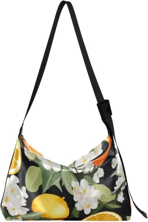 Lemons Flower Leave Stripe Tote Bag for Women Large Hobo Bags Crossbody Tote Bag Leather Hobo Bags with Adjustable Strap for Women