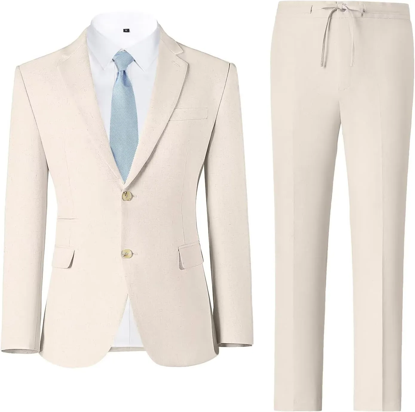 Linen Mens Suit 2 Piece Retro Suits for Men Slim Fit Blazer Jackets Drawstring Pants Set Tux Summer Beach Wedding Outfit