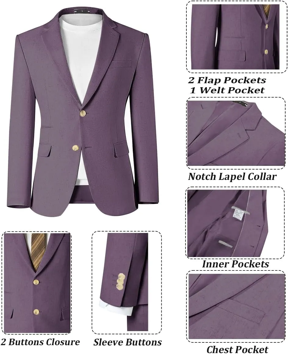 Linen Mens Suit 2 Piece Retro Suits for Men Slim Fit Blazer Jackets Drawstring Pants Set Tux Summer Beach Wedding Outfit