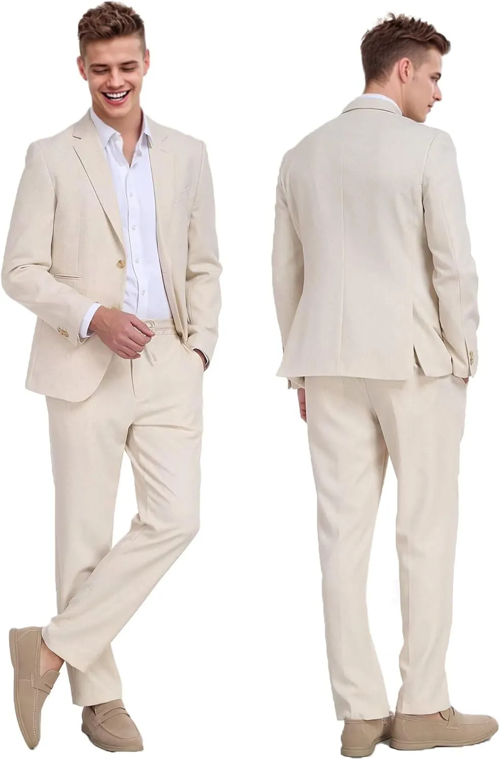 Linen Mens Suit 2 Piece Retro Suits for Men Slim Fit Blazer Jackets Drawstring Pants Set Tux Summer Beach Wedding Outfit