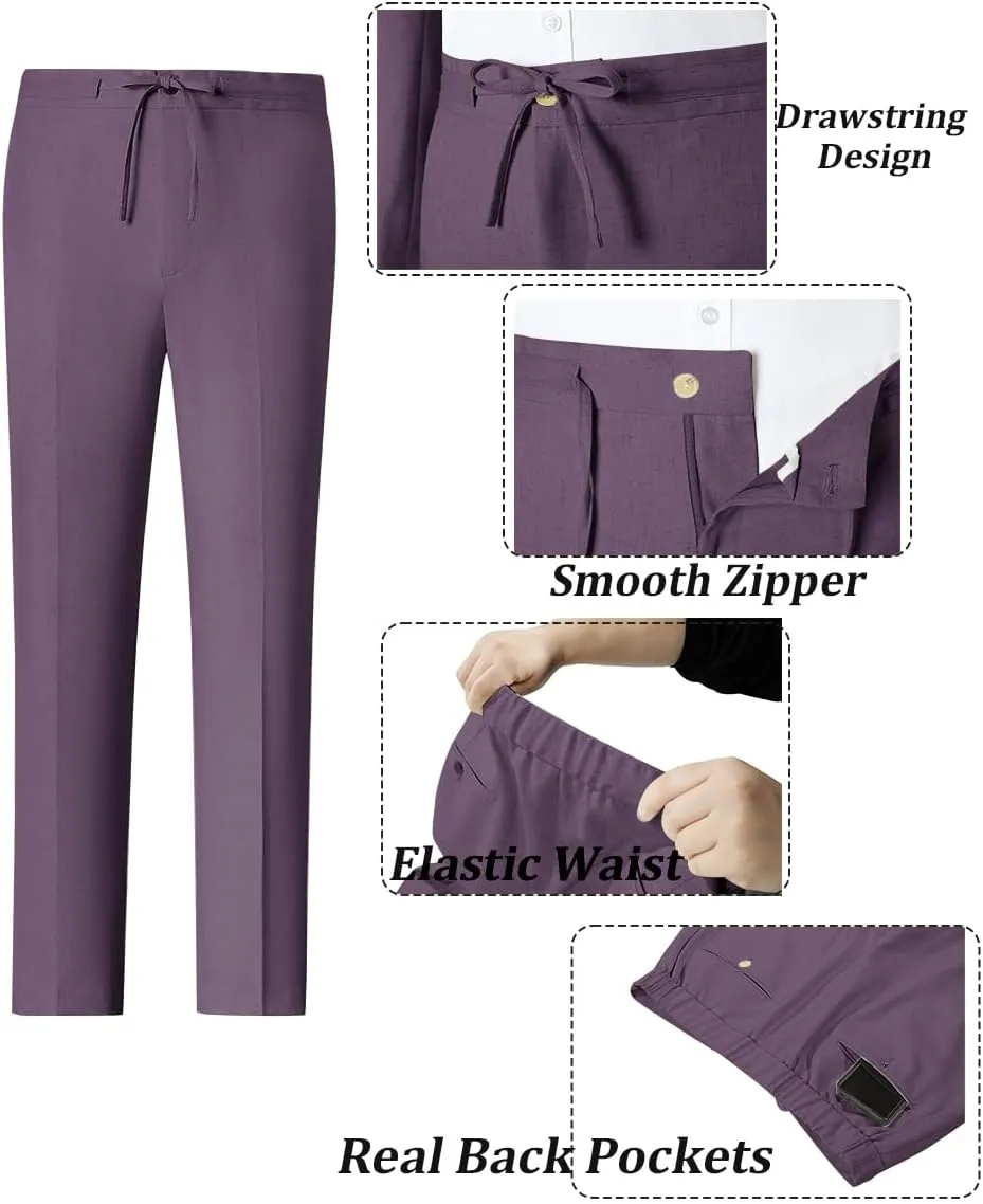Linen Mens Suit 2 Piece Retro Suits for Men Slim Fit Blazer Jackets Drawstring Pants Set Tux Summer Beach Wedding Outfit