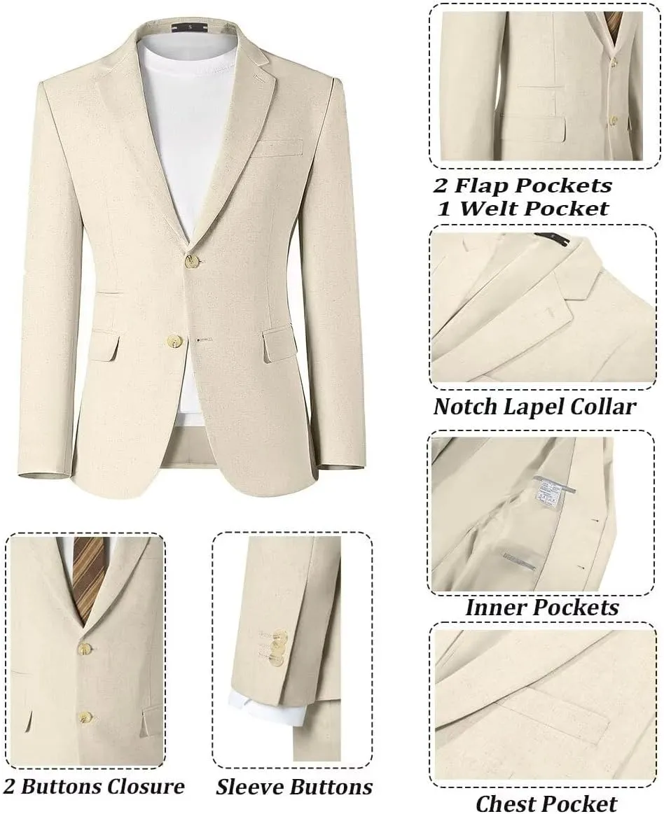 Linen Mens Suit 2 Piece Retro Suits for Men Slim Fit Blazer Jackets Drawstring Pants Set Tux Summer Beach Wedding Outfit