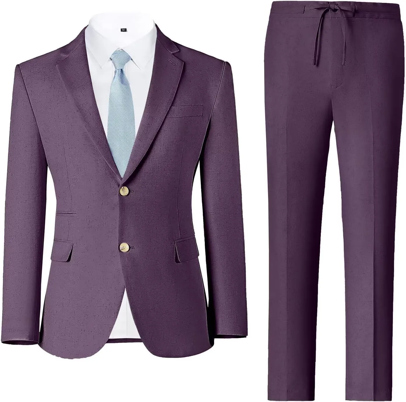 Linen Mens Suit 2 Piece Retro Suits for Men Slim Fit Blazer Jackets Drawstring Pants Set Tux Summer Beach Wedding Outfit