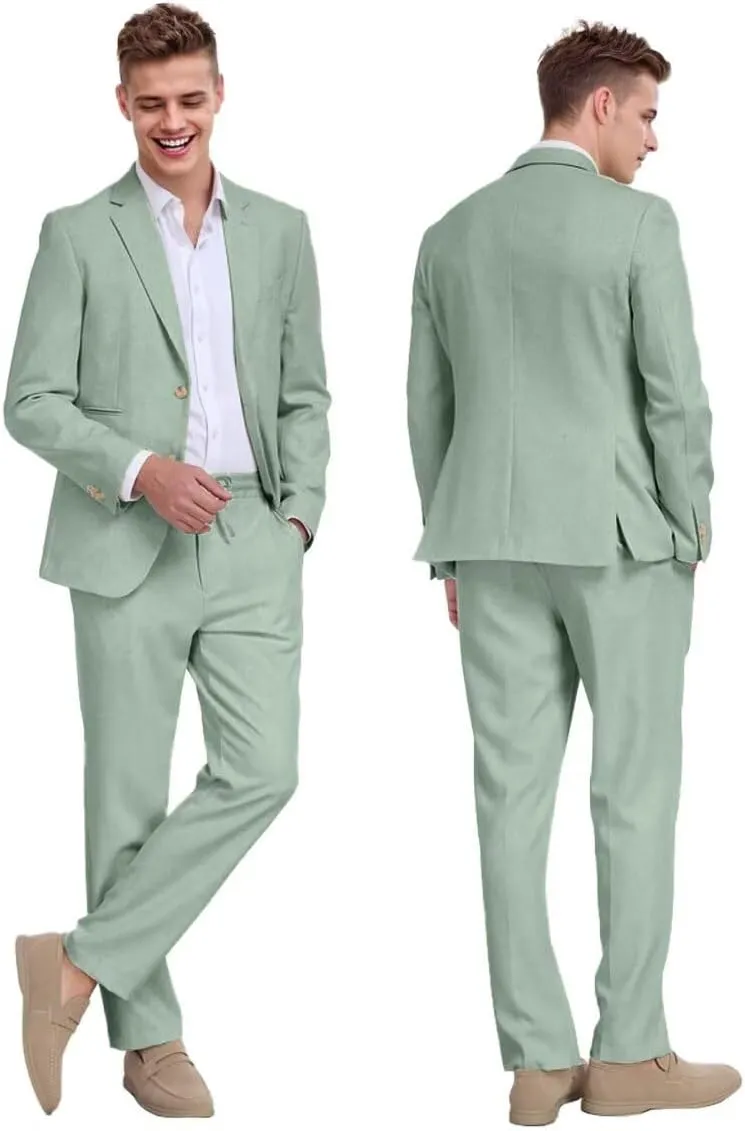 Linen Mens Suit 2 Piece Retro Suits for Men Slim Fit Blazer Jackets Drawstring Pants Set Tux Summer Beach Wedding Outfit