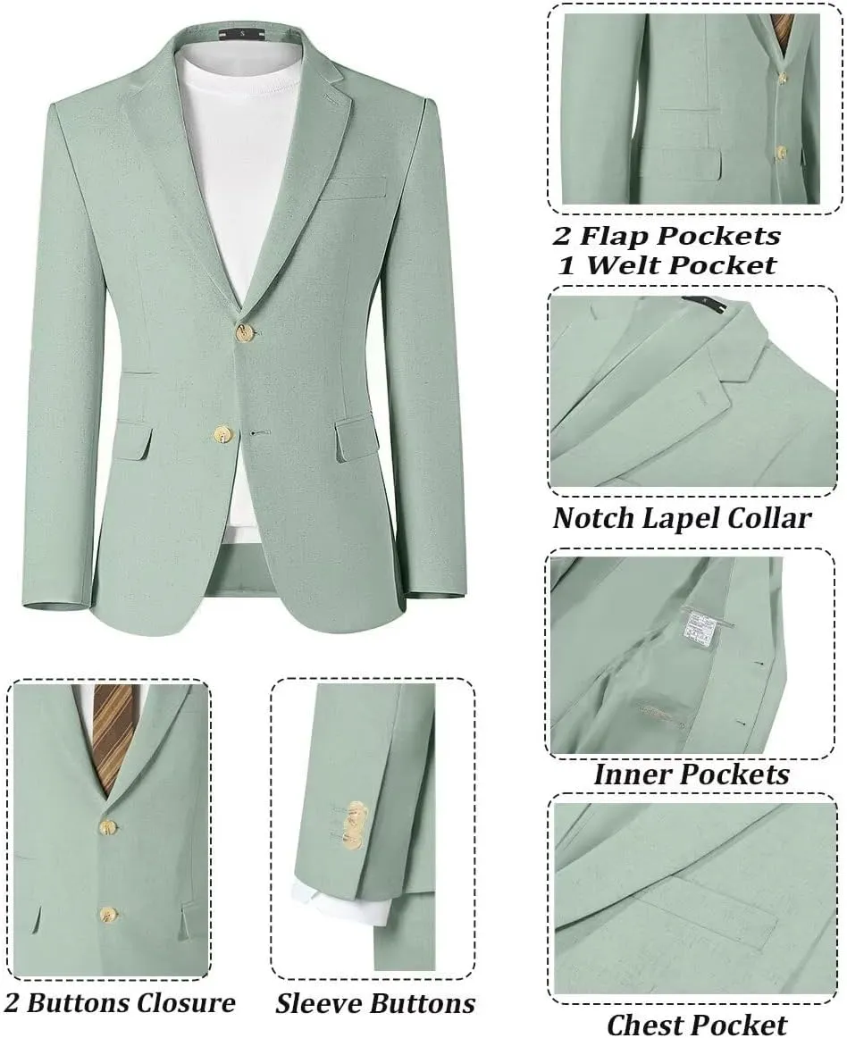 Linen Mens Suit 2 Piece Retro Suits for Men Slim Fit Blazer Jackets Drawstring Pants Set Tux Summer Beach Wedding Outfit