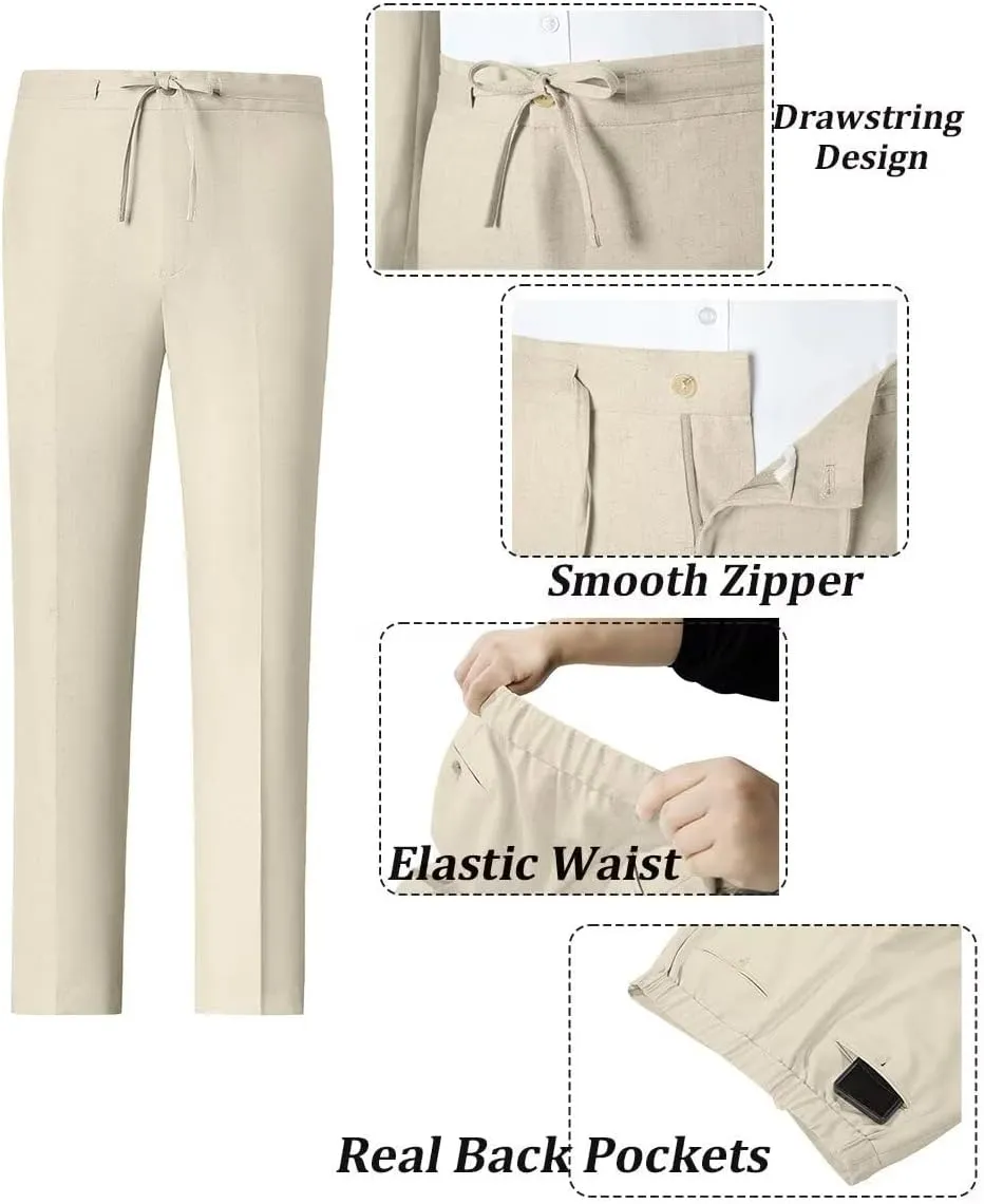Linen Mens Suit 2 Piece Retro Suits for Men Slim Fit Blazer Jackets Drawstring Pants Set Tux Summer Beach Wedding Outfit