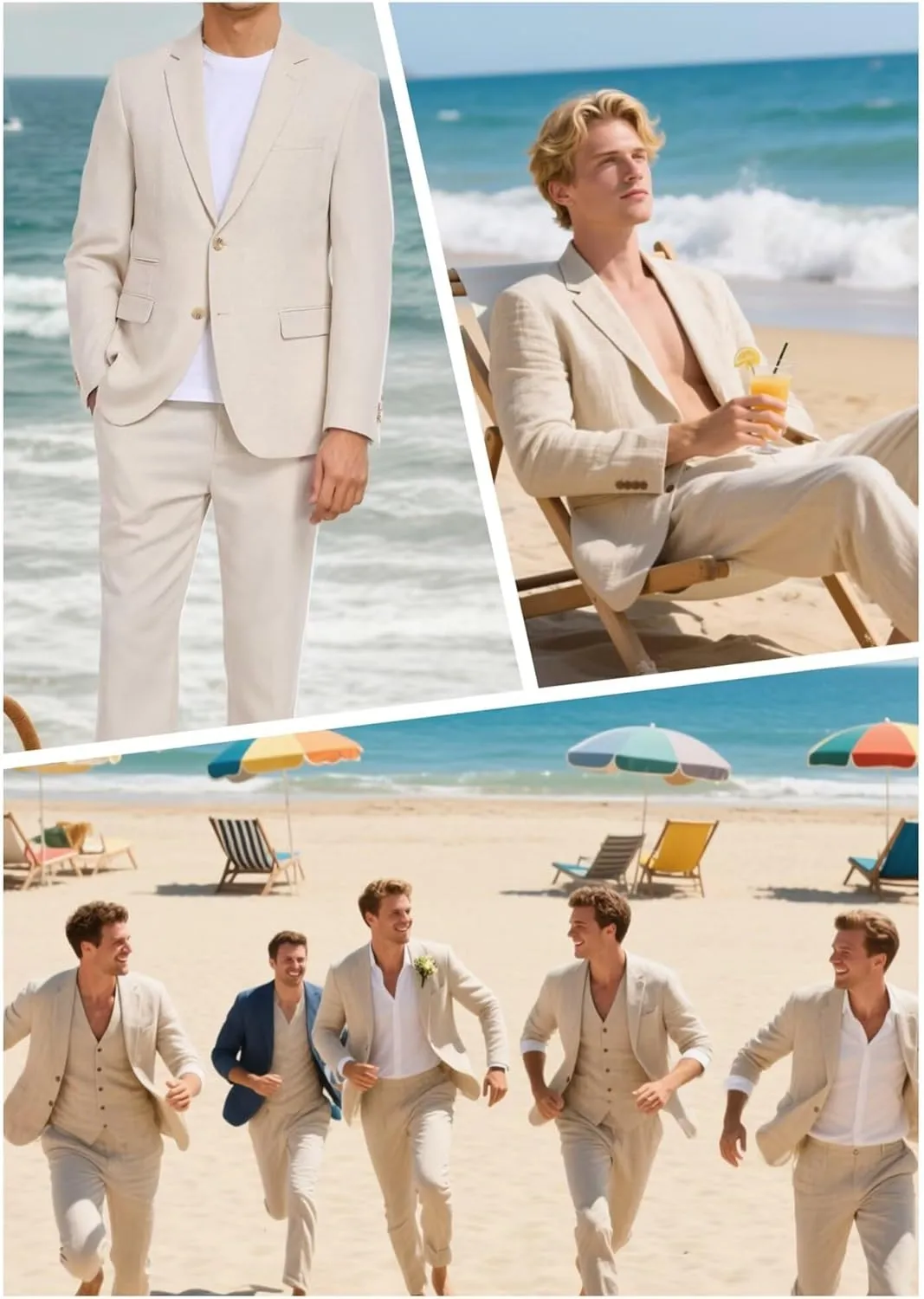 Linen Mens Suit 2 Piece Retro Suits for Men Slim Fit Blazer Jackets Drawstring Pants Set Tux Summer Beach Wedding Outfit