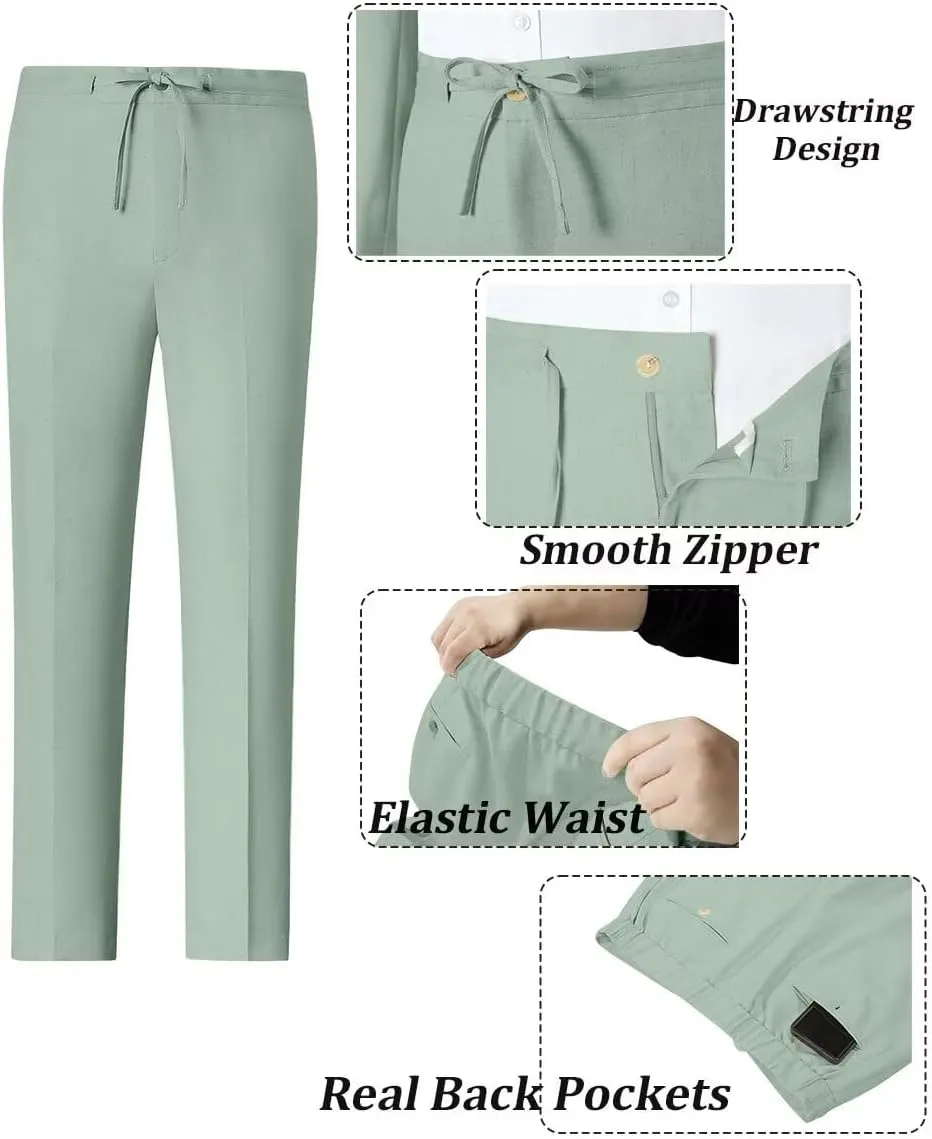 Linen Mens Suit 2 Piece Retro Suits for Men Slim Fit Blazer Jackets Drawstring Pants Set Tux Summer Beach Wedding Outfit